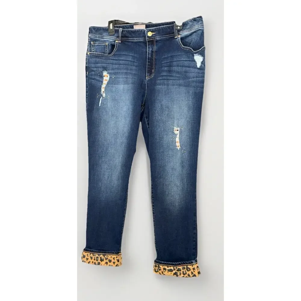 Chicos Animal Leopard Print Cuffed Jeans Stretch Distressed Rhinestone Size 3 - Picture 1 of 6